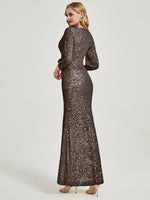 Mocha Sequin V-Neck Long Sleeves Maxi Formal Mermaid Evening Dress