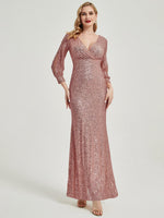Pink Gold Sequin V-Neck Long Sleeves Maxi Formal Mermaid Evening Dress