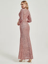 [Final Sale] Pink Gold Sequin V-Neck Long Sleeves Maxi Formal Mermaid Evening Dress