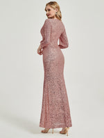 [Final Sale] Pink Gold Sequin V-Neck Long Sleeves Maxi Formal Mermaid Evening Dress