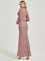 Pink Gold Sequin V-Neck Long Sleeves Maxi Formal Mermaid Evening Dress