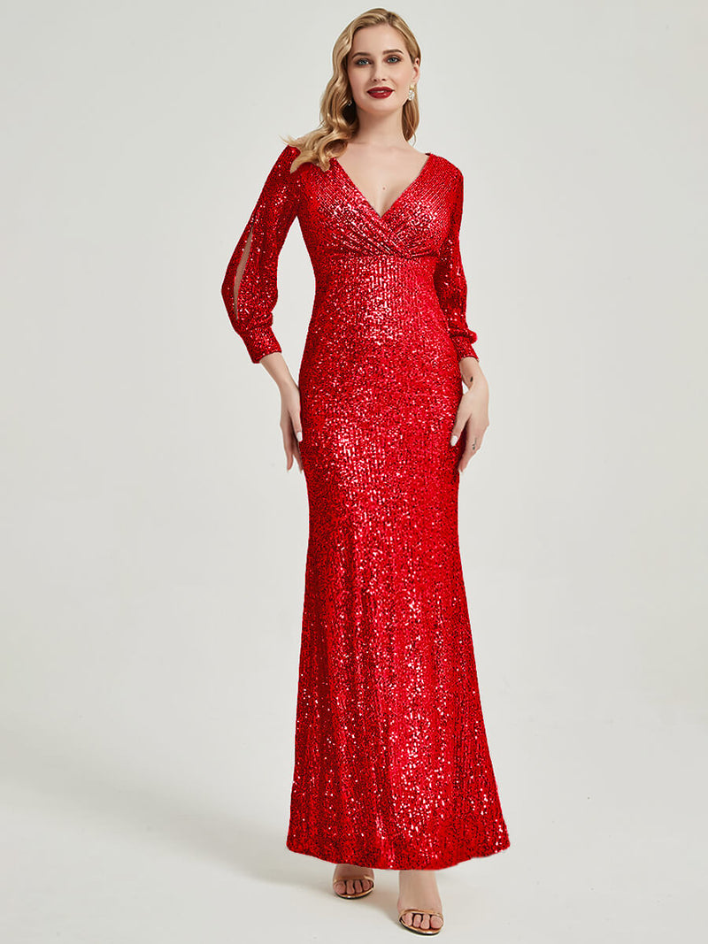 [Final Sale] Red Sequin V-Neck Long Sleeve Floor Length Formal Mermaid Evening Dress