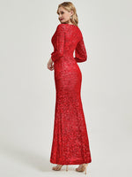 [Final Sale] Red Sequin V-Neck Long Sleeve Floor Length Formal Mermaid Evening Dress