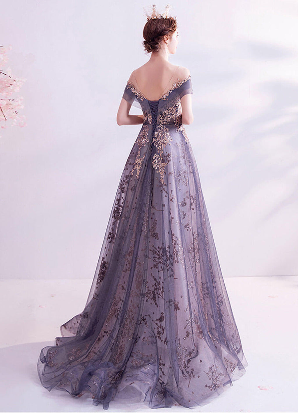 Dusty Purple Gold Beading Embroidery Formal Gown