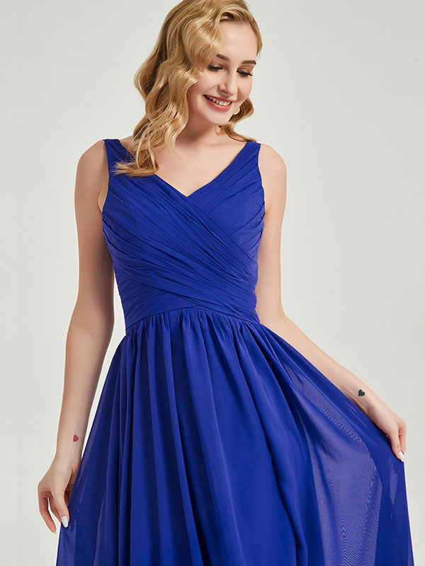 Olive Sleeveless Wide Straps  V-Neck Pleated Flowy Bridesmaid Dress