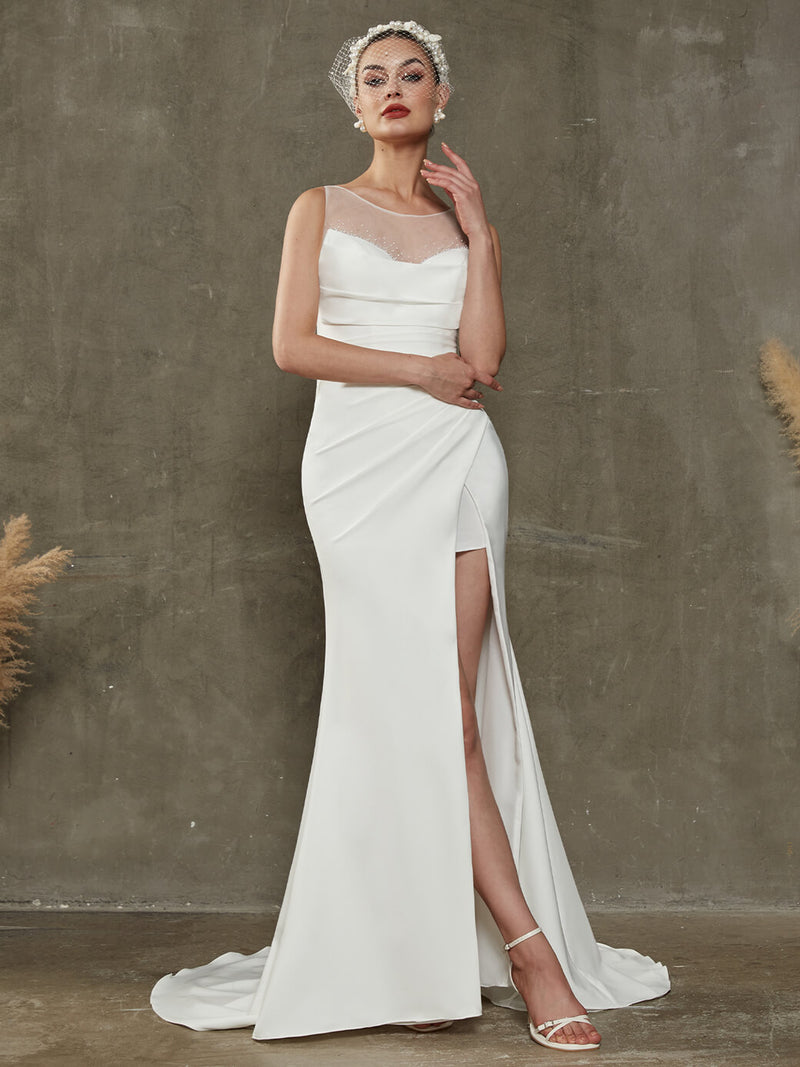 Diamond White Double FDY Pleated High Slit Mermaid Wedding Dress with Chapel Train Adalee