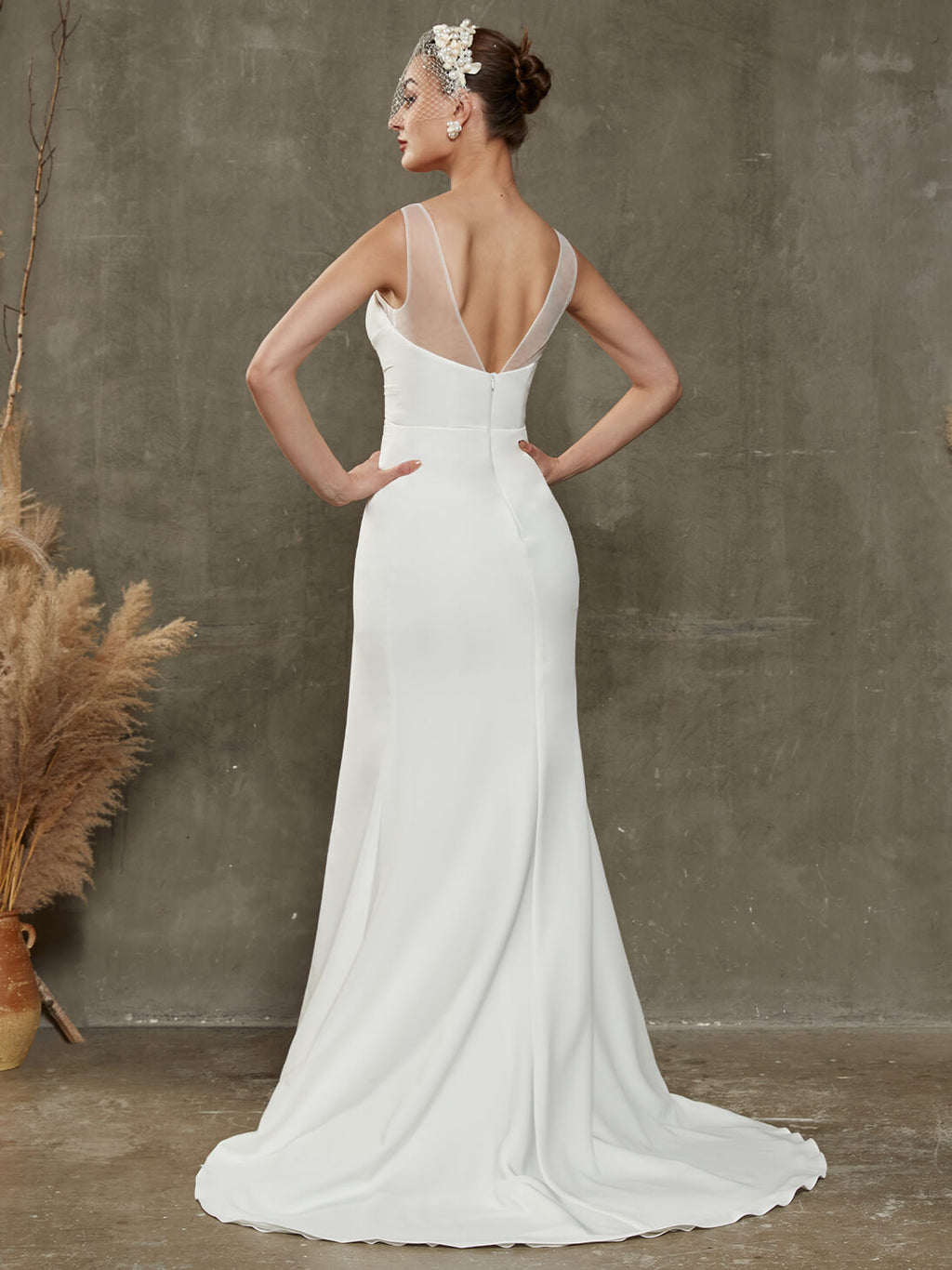 Diamond White Double FDY Pleated High Slit Mermaid Wedding Dress with Chapel Train Adalee