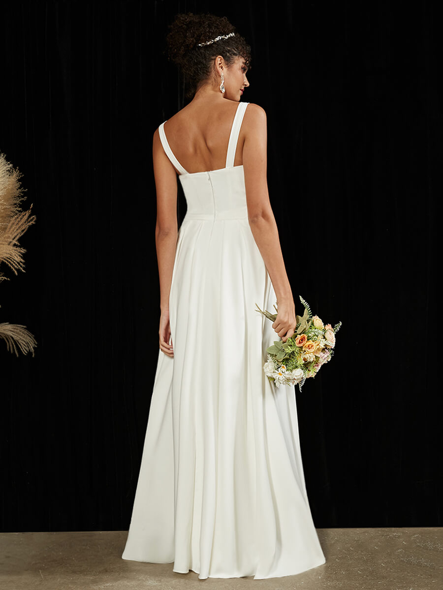 Crepe Sheer V-Neck A-Line Slit Floor Length Wedding Dress Lydia