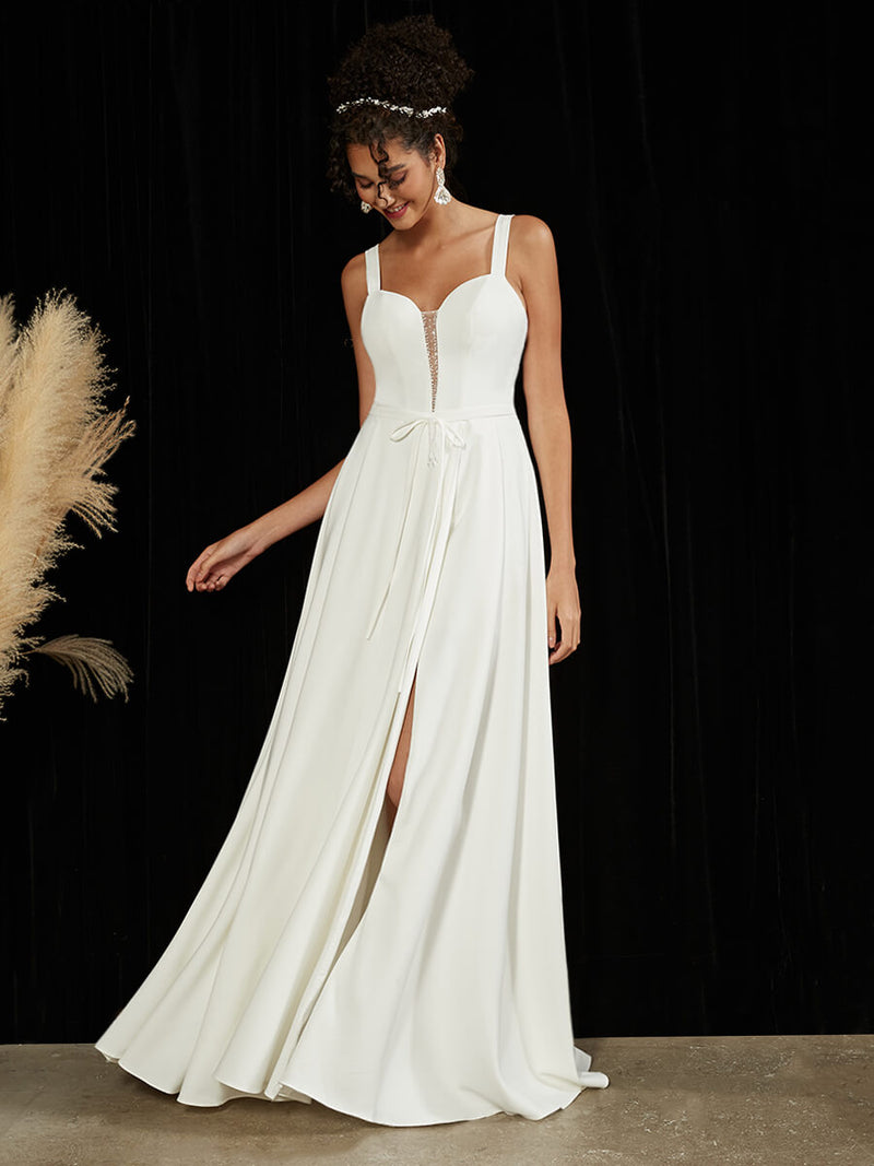 Crepe Sheer V-Neck A-Line Slit Floor Length Wedding Dress --Lydia