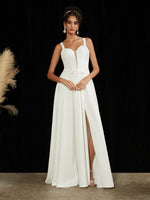 Crepe Sheer V-Neck A-Line Slit Floor Length Wedding Dress- Lydia