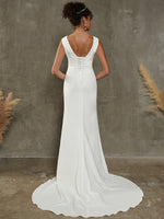 Elegant Diamond White Crepe Sleeveless Boat Sheer V Neck Ribbon Lace Up Mermaid Wedding Dress with Train-Sara