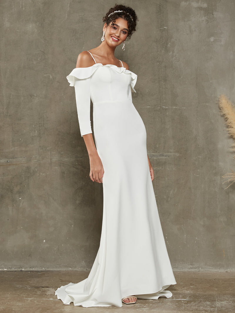 Elegant Crepe Ruffled Off Shoulder Sleeve Mermaid Wedding Dress with Chapel Train Reese