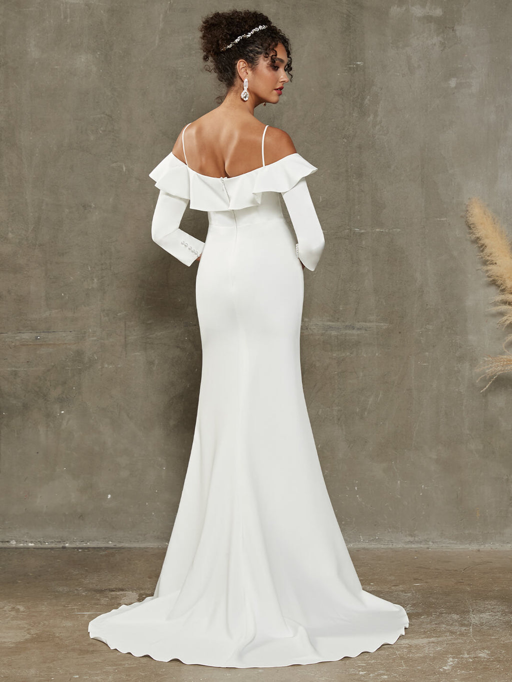 Elegant Crepe Ruffled Off Shoulder Sleeve Mermaid Wedding Dress with Chapel Train Reese