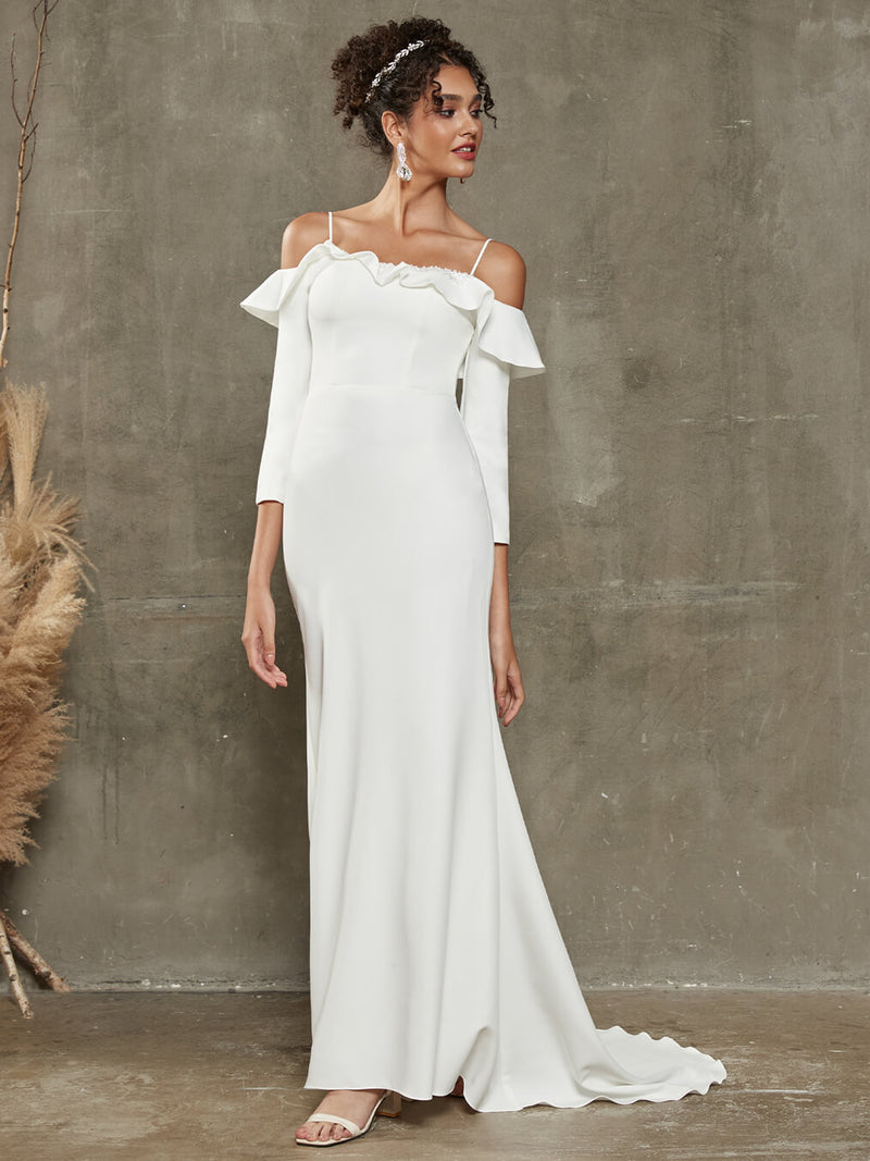 Elegant Diamond White Crepe Ruffled Off-Shoulder Sleeve Mermaid Wedding Dress with Chapel Train Reese