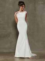 Bai-Crepe Mermaid Lace Cap Sleeve Wedding Gown with Train 