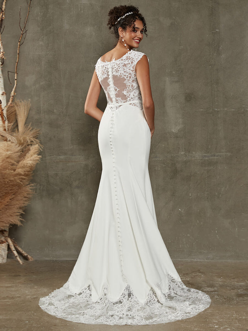 Crepe Mermaid Lace Cap Sleeve Wedding Gown with Train-Bai