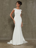 Bai Crepe Mermaid Lace Cap Sleeve Wedding Gown with Train 