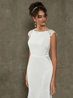 Diamond White Crepe Mermaid Lace Cap Sleeve Wedding Gown with Train-Bai