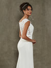  White Crepe Mermaid Lace Cap Sleeve Wedding Gown with Train Bai