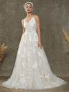 Evelyn Diamond White/Champange V-Neck Sleeveless Lace Open Back Wedding Dress with Chapel Train