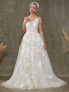 Diamond White/Champange V-Neck Sleeveless Lace Open Back Wedding Dress with Chapel Train Evelyn