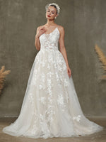 Diamond White/Champange V-Neck Sleeveless Lace Open Back Wedding Dress with Chapel Train Evelyn