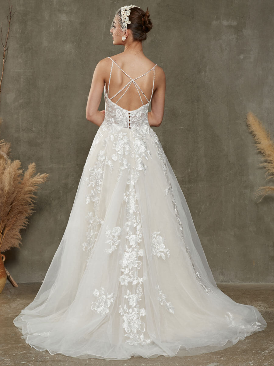 Diamond White/Champange V-Neck Sleeveless Lace Open Back Wedding Dress with Chapel Train Evelyn