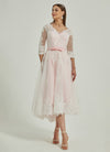 Diamond White and Blush Embroidery Lace A-Line 3/4 Sleeve High Low Wedding Dress Tessa