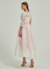 Diamond White / Blush Embroidery Lace A-Line 3/4 Sleeve High Low Wedding Dress-Tessa