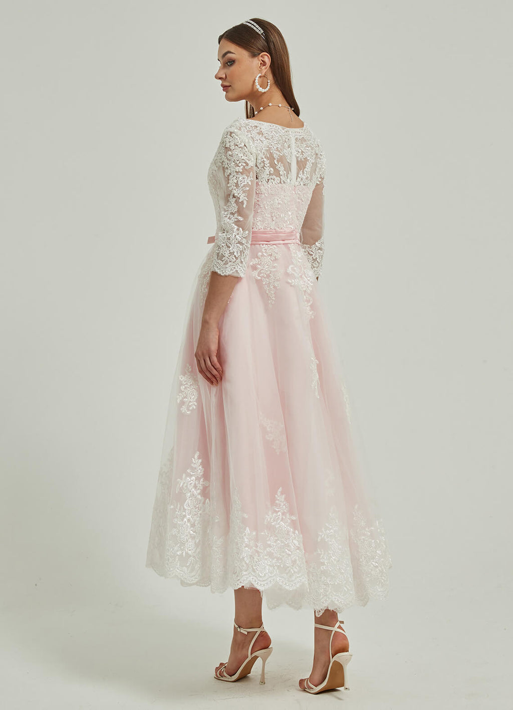Diamond White / Blush Embroidery Lace A-Line 3/4 Sleeve High Low Wedding Dress Tessa