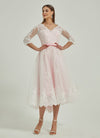 Diamond White & Blush Embroidery Lace A-Line 3/4 Sleeve High Low Wedding Dress Tessa