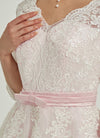 Diamond White and Blush Embroidery Lace A-Line 3/4 Sleeve High Low Wedding Dress 
