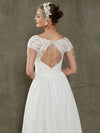 Diamond White Sheer V-Neck Short Sleeve Lace Open Back Tassels Flowing Wedding Dress with Train-Leah