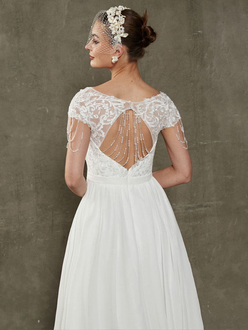Diamond White Sheer V-Neck Short Sleeve Lace Open Back Tassels Flowing Wedding Dress with Train-Leah
