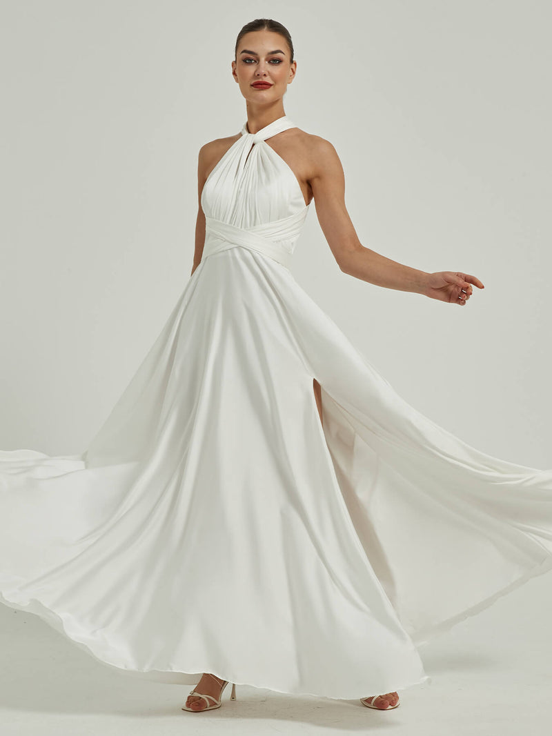 White Satin Convertible Bridesmaid Dress Multi Ways Wrap A-Line Gowns White / Custom Size