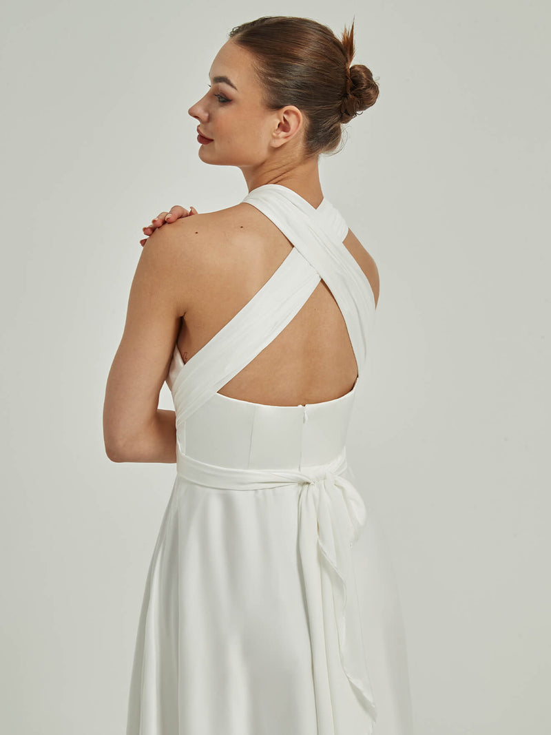 Multi Ways White Wrap Convertible Slit Bridesmaid Dress Strapless Satin A Line Floor Length Gown Winnie