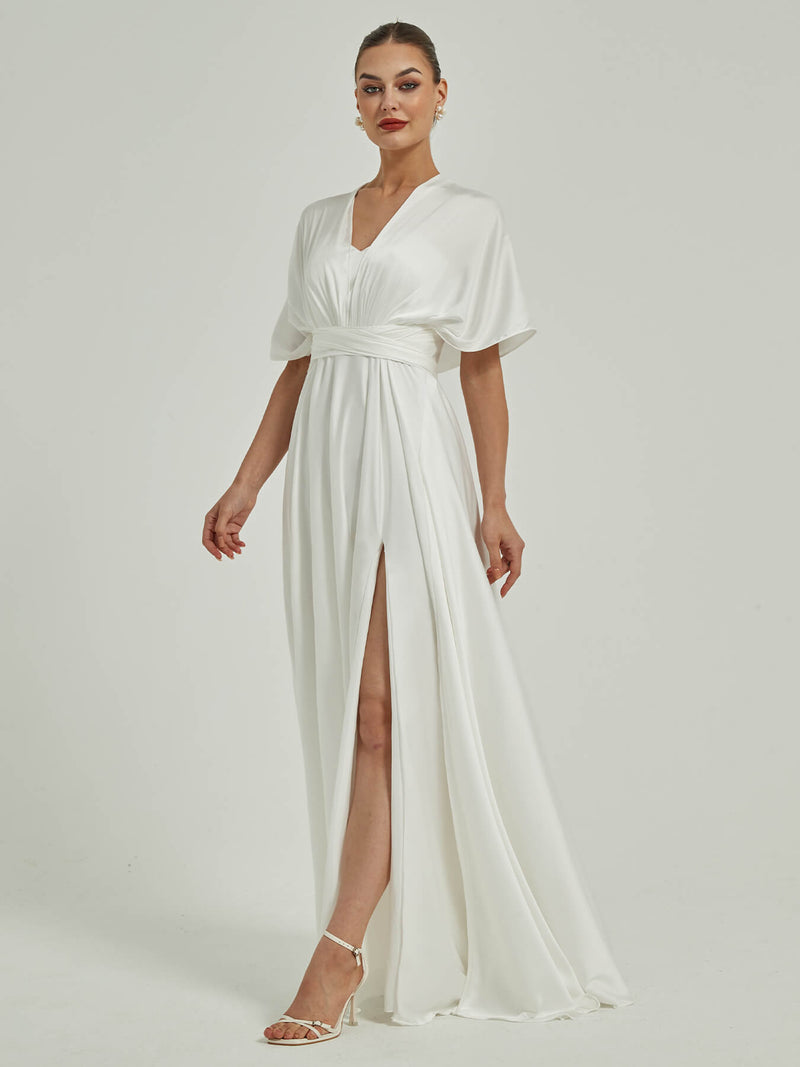 White Satin Convertible Bridesmaid Dress Multi Ways Wrap A-Line Gowns NZ Bridal White Satin Convertible Bridesmaid Dress Multi Ways Wrap A-Line Gowns NZ Bridal