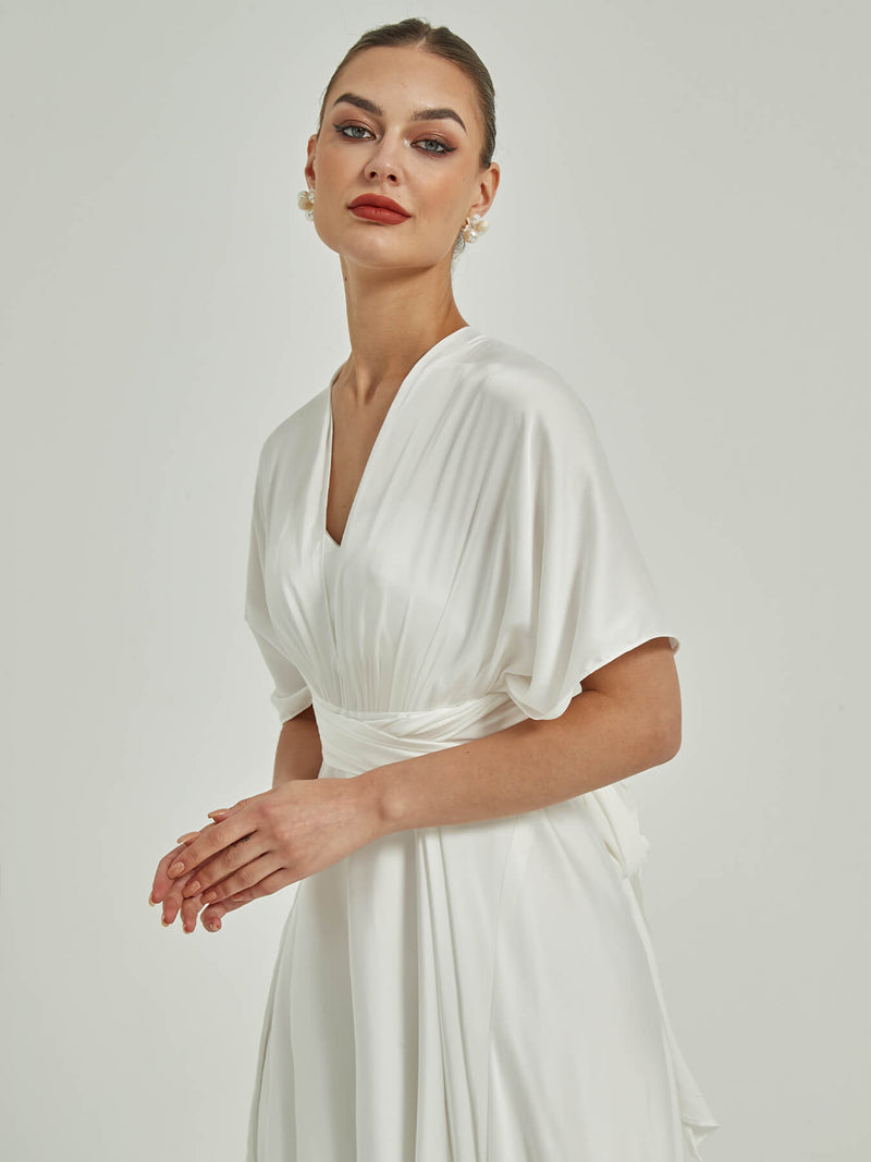 Multi Ways White Wrap Convertible Slit Bridesmaid Dress Strapless Satin A Line Floor Length Gown with Pocket Winnie