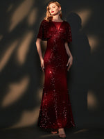 [Final Sale] Size S Burgundy Batwing Sleeves Sheer V-Neck Sequin Formal Gown