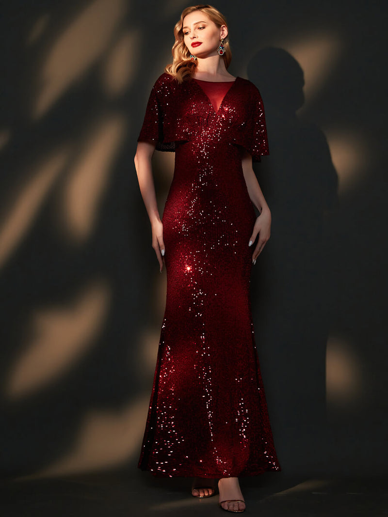 [Final Sale] Size S Burgundy Batwing Sleeves Sheer V-Neck Sequin Formal Gown