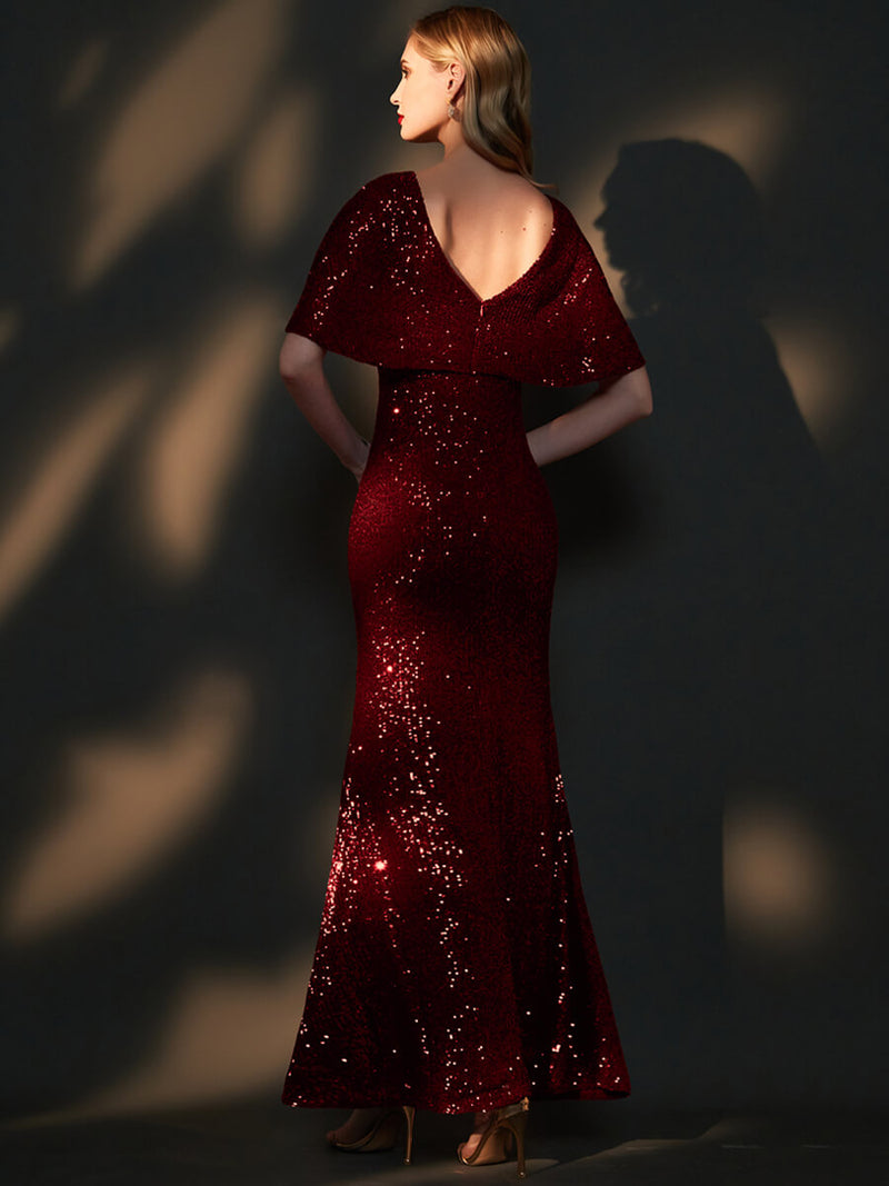 [Final Sale] Size S Burgundy Batwing Sleeves Sheer V-Neck Sequin Formal Gown