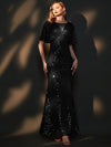 [Final Sale] Black Batwing Sleeves Sheer V-Neck Sequin Formal Gown