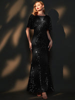 [Final Sale] Black Batwing Sleeved Sequins Formal Gown-Joanna