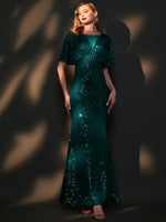 [Final Sale] Emerald Green Batwing Sleeved Sequins Formal Gown-Joanna