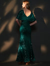 [Final Sale] Emerald Green Batwing Sleeves V-Neck Sequin Formal Gown