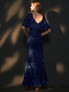 [Final Sale] Navy Blue Batwing Sleeves Sheer V-Neck Sequin Formal Gown