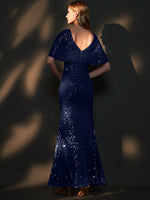 [Final Sale] Navy Blue Batwing Sleeved Sequins Formal Gown-Joanna