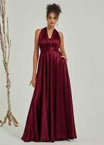 Multi Ways Burgundy Wrap Convertible Slit Bridesmaid Butterfly Sleeves & One Shoulder & Strapless & Off-shoulder & Straps & Halter Neck Satin A-Line Dress Floor Length Formal Gown with Pocket-Winnie