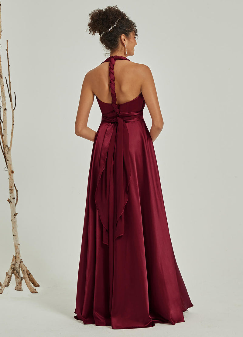 Multi Ways Wrap Convertible Slit Bridesmaid  Butterfly Sleeves & One Shoulder & Strapless & Off-shoulder & Straps & Halter Neck Satin A-Line Dress Floor Length Gown Winnie