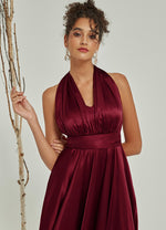 Burgundy Multi Ways Wrap Convertible Slit Bridesmaid Butterfly Sleeves & One Shoulder & Strapless & Straps & Halter Neck Satin A-Line Dress Floor Length Gown with Pocket Winnie